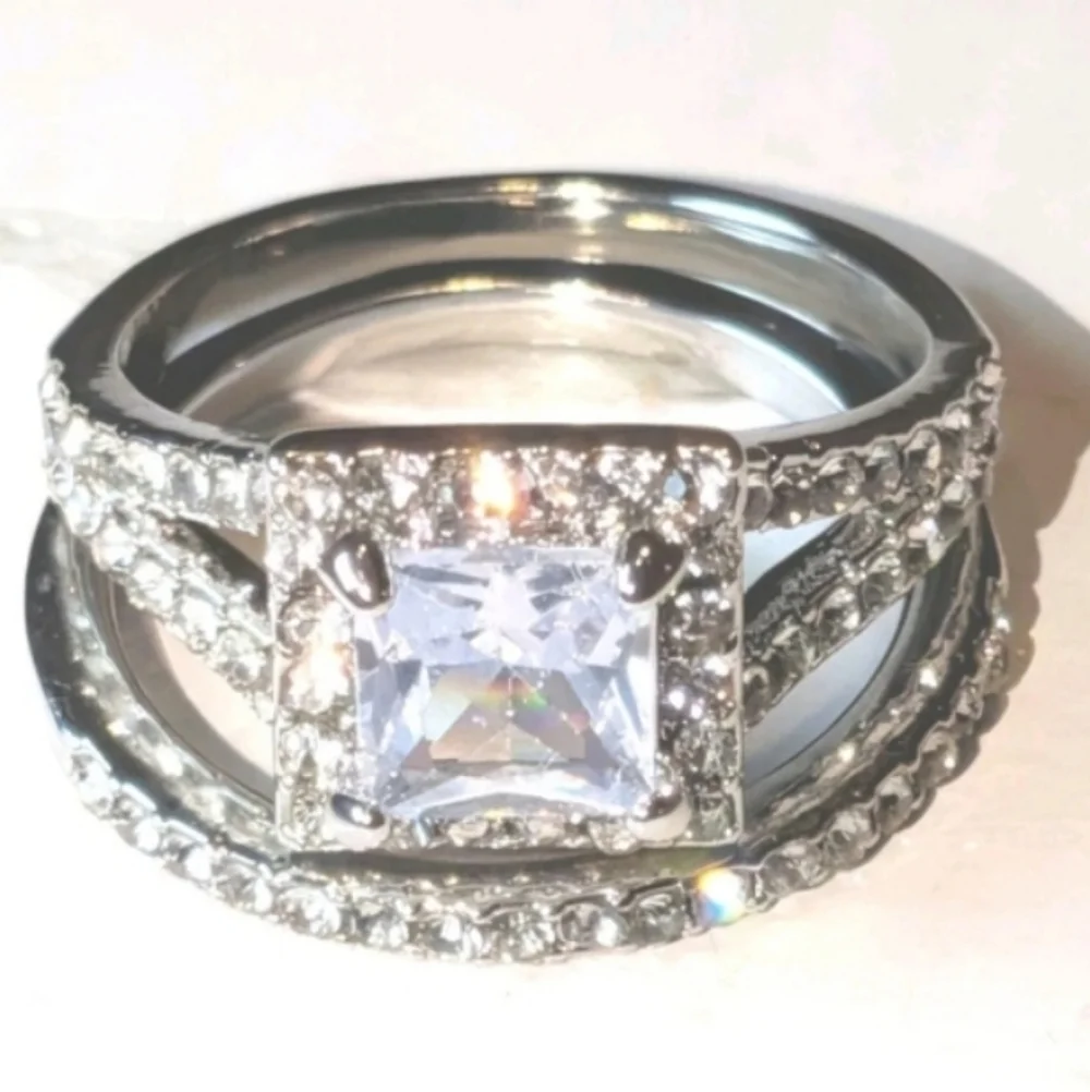 Womens 5ct Princess Cut Lab Created Diamond Halo Trio Wedding Ring Sz 7.5